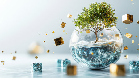A highly detailed globe with a sprouting tree, surrounded by floating golden leaves and blue cubes resting on a white surface.の素材