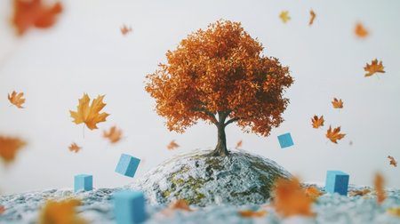 A globe with a healthy tree at its peak, autumn leaves falling, and blue cubes scattered around, all set on a neutral white background.の素材
