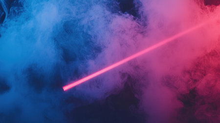 A high-energy music festival scene with powerful red and blue lasers cutting through dense atmospheric smoke.の素材