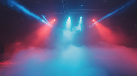 A cinematic club scene with intense red and blue laser beams piercing through deep stage fog.の素材
