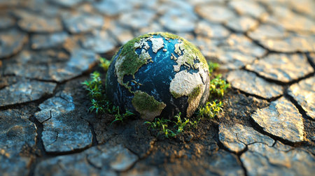 A conceptual image of the planet healing, dry earth sprouting life with vibrant greenery.の素材