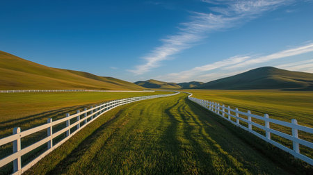 A boundless green field stretches toward a white fence, illuminated under a crystal-clear blue sky. A vision of peace.の素材