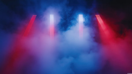 A festival-style concert scene with vivid red and blue lasers, diffused by swirling fog and smoke.の素材