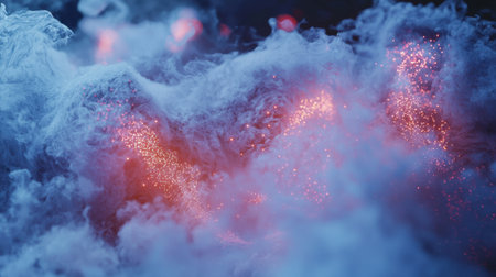 A festival-style concert scene with vivid red and blue lasers, diffused by swirling fog and smoke.の素材