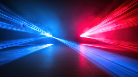A high-energy concert stage featuring intersecting red and blue lasers, glowing through thick smoke.の素材