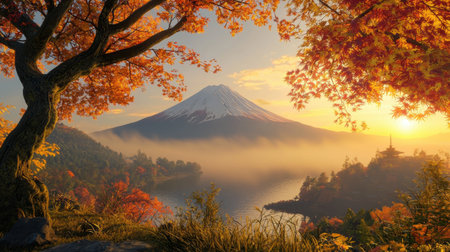 3D hyper-realistic Mount Fuji, snow-capped peak glowing under golden sunrise.の素材