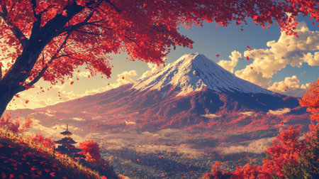 3D Mount Fuji, glowing red in the golden light of a perfect autumn afternoon.の素材