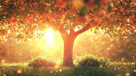 A captivating single tree with radiant green bushes below, glowing under the warm sunlight, framed by luminous trees.の素材