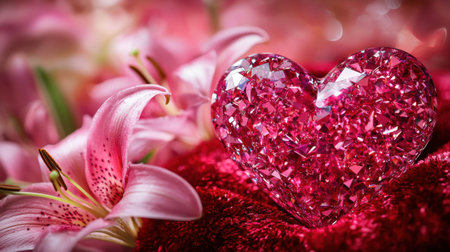 A close-up of a sparkling pink crystal heart, resting on a plush red velvet cushion, with delicate pink lilies nearby.の素材