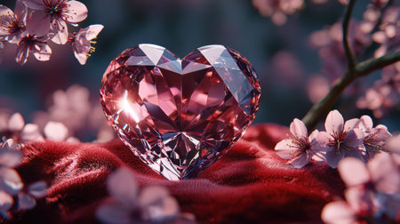 A delicate pink crystal heart sparkles atop plush red velvet, encircled by blooming cherry blossoms.の素材