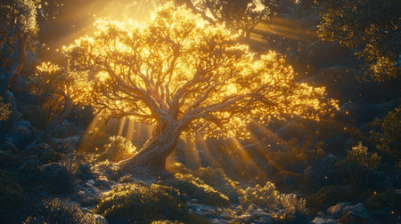 A breathtaking single tree with glowing green bushes, illuminated by warm sunlight, framed by radiant trees,の素材