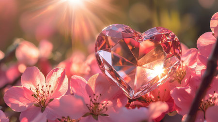 A luxurious pink crystal heart on velvet, reflecting warm light, nestled within a bed of vibrant pink blossoms.の素材