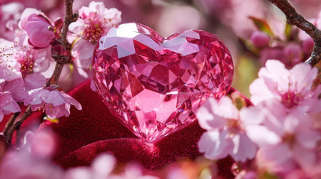 A jewel-toned pink crystal heart catching the light, resting in luxury on red velvet, framed by cherry blossomsの素材