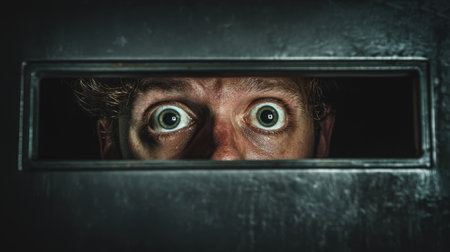 A man peers up through a floor vent, horrified expression, hyper-realistic lighting, metallic vent details, and reflections.の素材