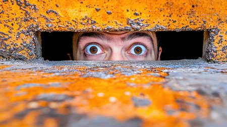 A man peeks out from a mysterious trapdoor in the floor, eyes filled with shock, hyper-realistic lighting, and fine textures.の素材