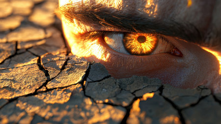 A man pokes his head through cracked floor tiles, eyes widened in shock, ultra-realistic skin and tile details, dramatic lighting.の素材