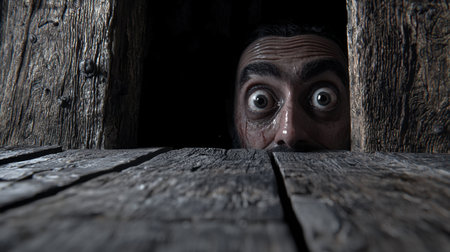 A man peeks out from a mysterious trapdoor in the floor, eyes filled with shock, hyper-realistic lighting, and fine textures.の素材