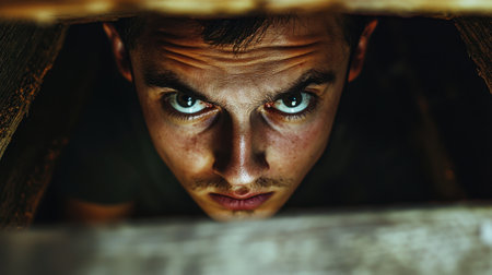 A man sticks his head through the attic floor, gasping in shock, fine wood grain details, ultra-realistic expression, dramatic light.の素材