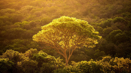 A lone tree with vivid green bushes, glowing under warm sunlight, flanked by sunlit trees, ultra-detailed textures.の素材