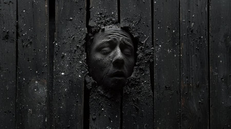 A man head emerges from a broken wooden plank, shock frozen on his face, high-definition details, fine dust floating around.の素材