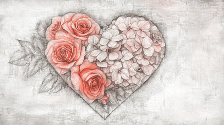 A monochrome pencil drawing of a heart-shaped floral arrangement, featuring pink hydrangeas and red roses with delicate linework.の素材