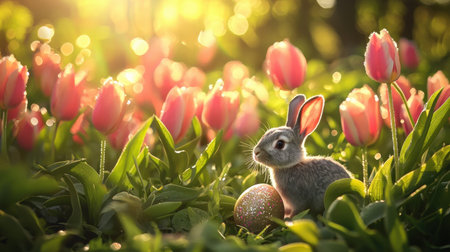 A small gray rabbit among blooming pink tulips, soft morning sunlight reflecting off dewdrops and a dazzling Heister egg.の素材