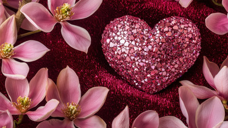 A luxury-themed image of a sparkling pink crystal heart on red velvet, with pink magnolias blooming around it.の素材