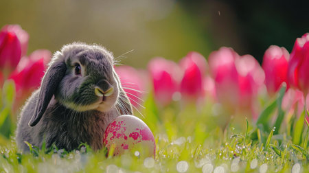 A fluffy gray rabbit exploring a lush green field, a vibrant Heister egg resting among pink tulips and morning dew.の素材