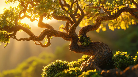 A striking tree with bright green bushes below, glowing in natural sunlight, detailed textures on bark and leaves,の素材