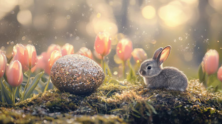 A tiny gray bunny curled up beside a dazzling Heister egg, soft pink tulips and dew-covered grass surrounding it.の素材