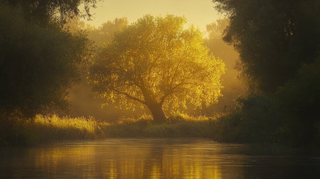 A stunning lone tree with vibrant green bushes, glowing warmly under golden sunlight, trees on either side softly illuminated.の素材