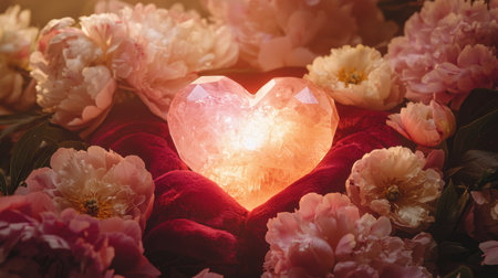 A soft-focus pink crystal heart glowing atop deep red velvet, embraced by a sea of blooming peonies.の素材