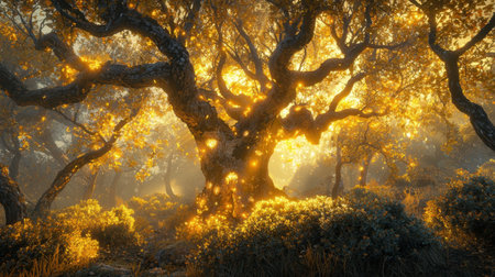 A solitary tree with bright green bushes beneath, bathed in golden light, flanked by glowing trees, ultra-realistic depth and details.の素材