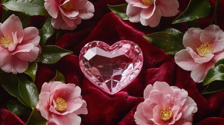 A soft pink crystal heart placed elegantly on red velvet, encircled by blooming camellia flowers.の素材