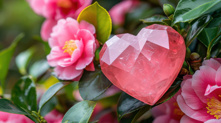A soft pink crystal heart placed elegantly on red velvet, encircled by blooming camellia flowers.の素材