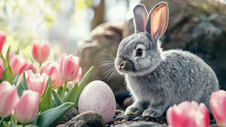A small gray rabbit with perked ears, gazing at a stunning Heister egg nestled among pink tulips in a fresh spring meadow.の素材