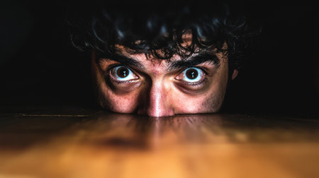 A terrified man pokes his head from under the floor, ultra-realistic detail, horror-style lighting, dramatic shadows enhancing fear.の素材