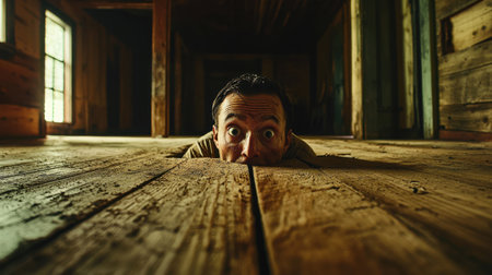 A terrified man pokes his head from under the floor, ultra-realistic detail, horror-style lighting, dramatic shadows enhancing fear.の素材