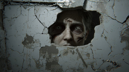 A terrified man peeks through a basement floor, detailed dirt and splinters on his face, ultra-realistic lighting and textures.の素材