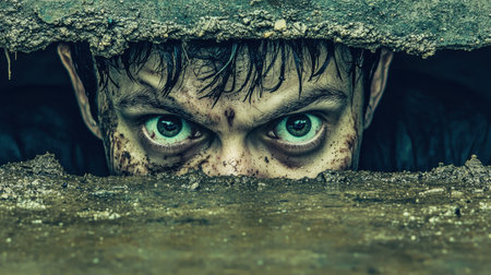 A terrified man peeks through a basement floor, detailed dirt and splinters on his face, ultra-realistic lighting and textures.の素材