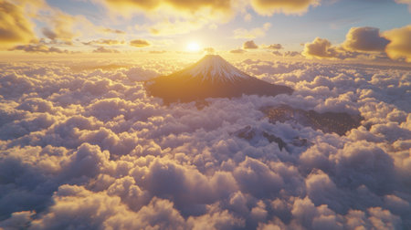 Beautiful 3D Mount Fuji, rising above a sea of rolling white clouds at sunriseの素材