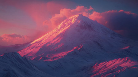 Photorealistic 3D Mount Fuji, glowing pink under the last light of sunset.の素材