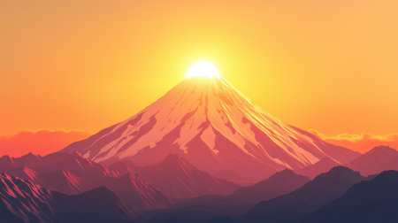 Majestic 3D Mount Fuji, glowing in golden light as the sun sets behind it.の素材