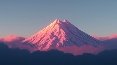 Realistic 3D Mount Fuji, glowing pink under the first light of dawnの素材