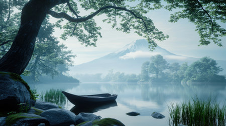 Realistic 3D Mount Fuji, with a small fishing boat on the lake in the foreground.の素材