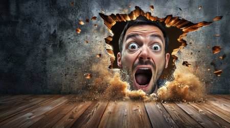Shocked man peeks from a hole in the wooden floor, dust rising, ultra-detailed realism, dramatic lighting highlights his surprised face.の素材