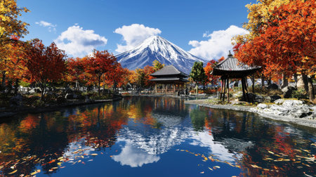 Stunning 3D Mount Fuji, with colorful autumn trees surrounding a quiet shrine.の素材