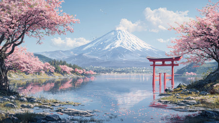 Stunning 3D Mount Fuji, with a bright red torii gate in the foreground.の素材
