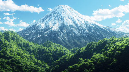 Ultra-detailed 3D Mount Fuji, surrounded by lush green forests under a clear blue sky.の素材