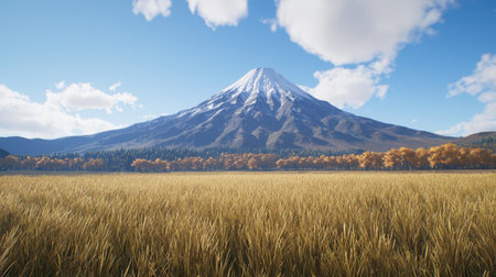 Ultra-detailed 3D Mount Fuji, surrounded by endless fields of golden grass in autumn.の素材